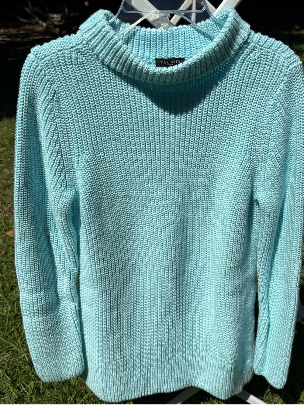 Talbots Sweater - Cotton Shaker Knit Mock Neck Tunic in Aqua, Small Petite